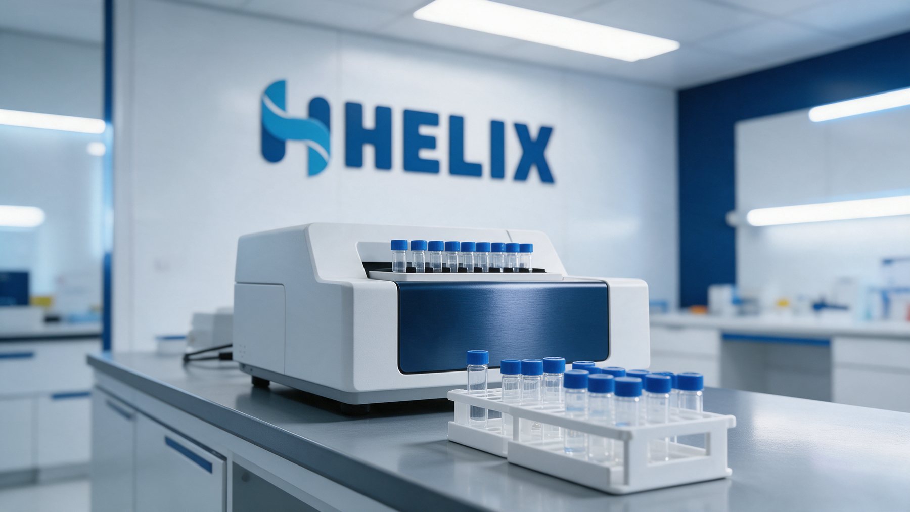 Laboratory bench with an instrument and the HELIX sign on the wall