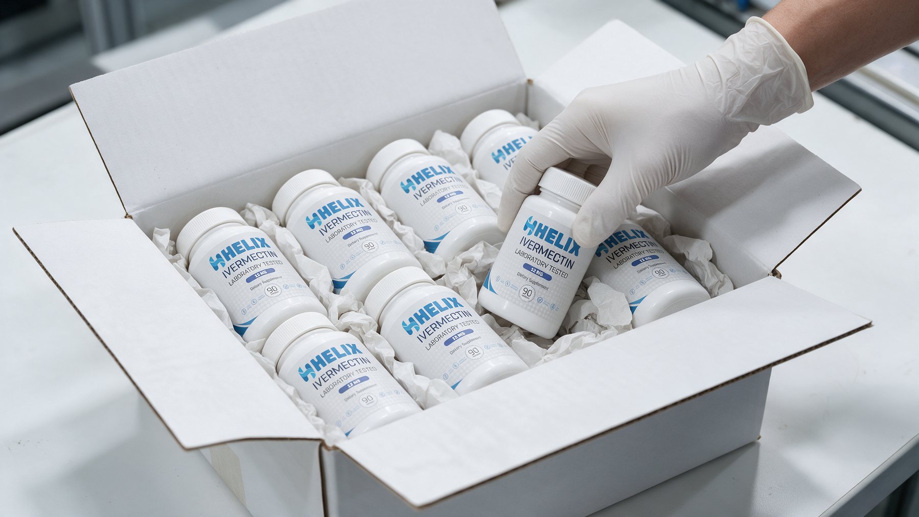 Sealed HELIX bottles packed into a shipping box
